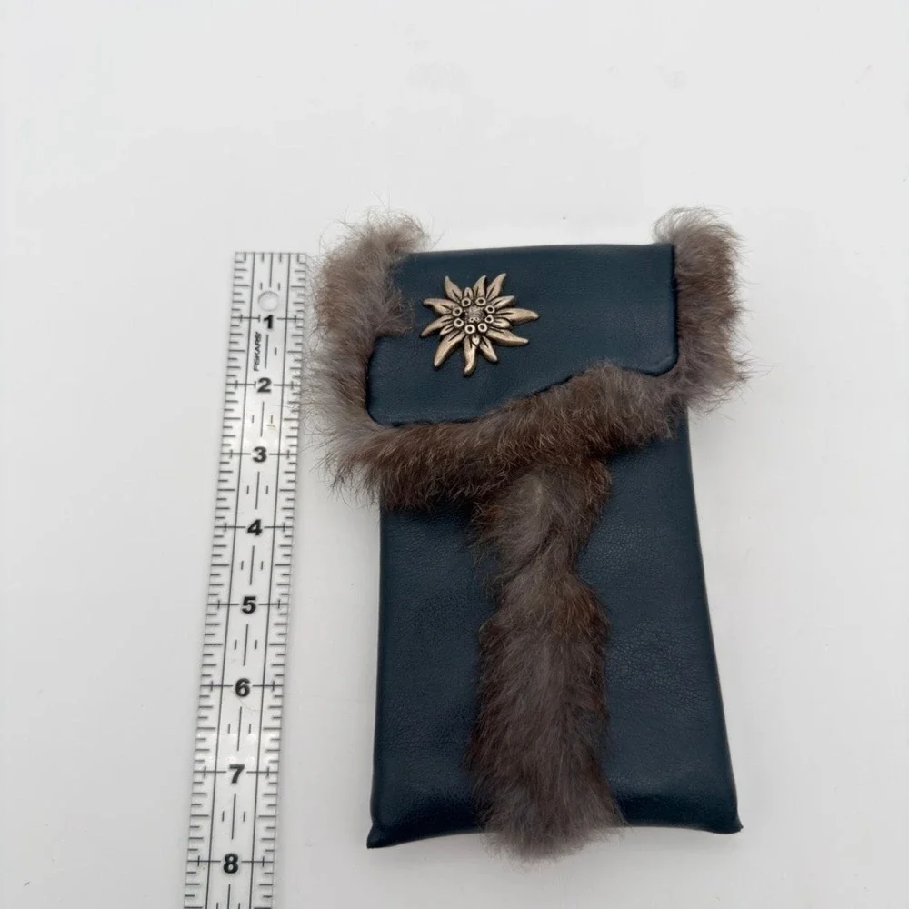 Navy‎ Leather Edelweiss Fur Trim Pouch Phone Case Glasses Sleeve Navy Blue